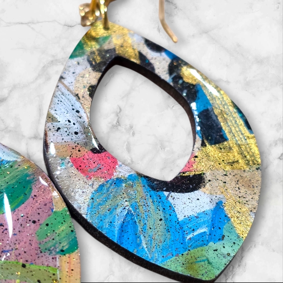 Hand Crafted Handmade Earrings Multicolor Casual Everyday Wood Boho E012 - Picture 3 of 4